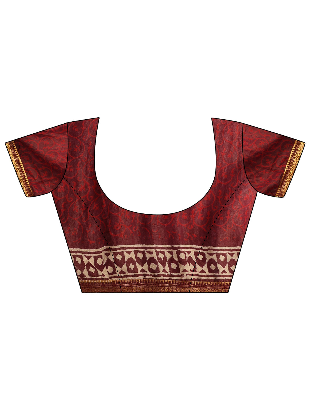  Burgundy Printed Cotton Bagru Saree With Unstitched Blouse Piece 