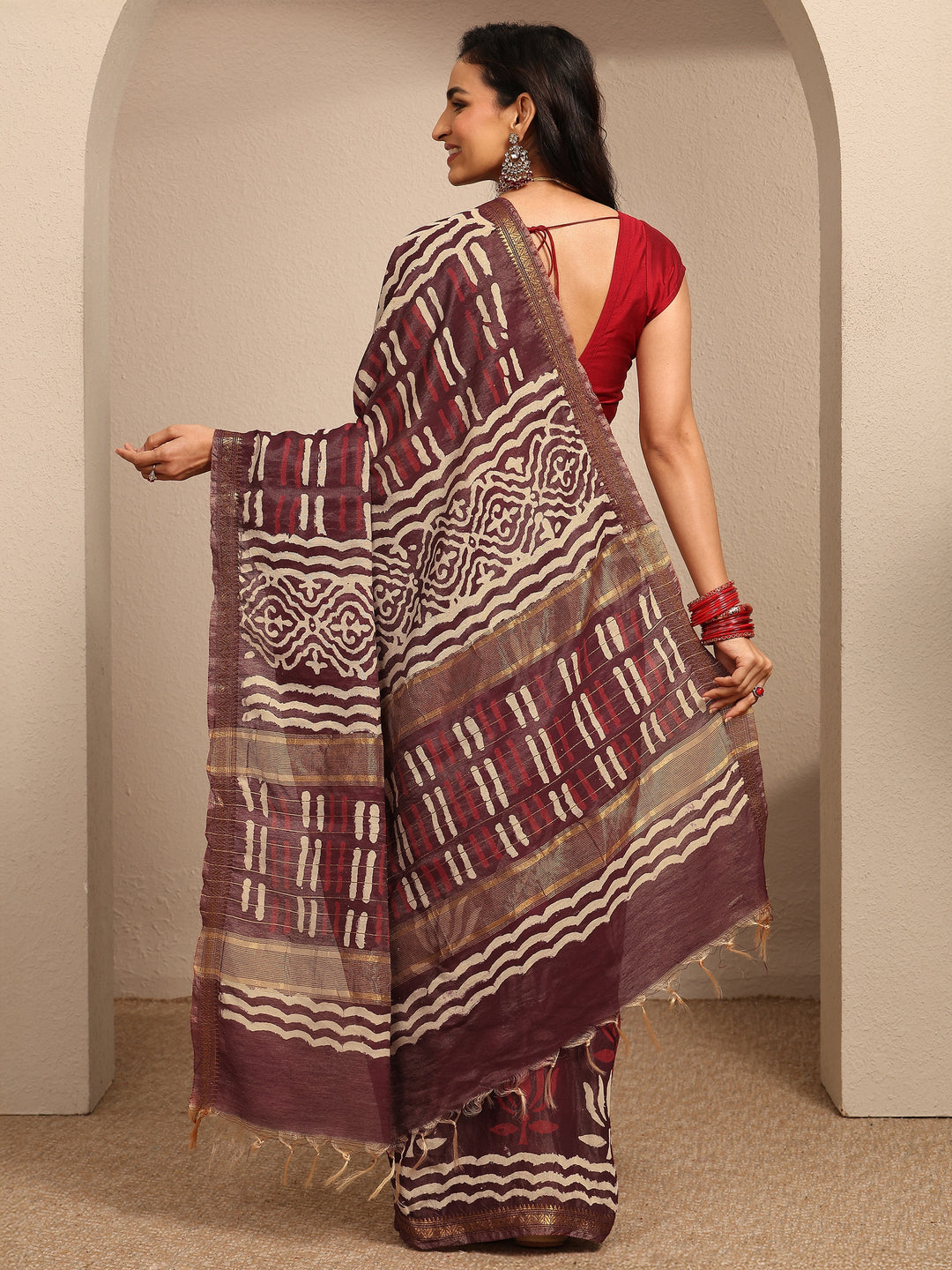  Maroon Printed Cotton Bagh Saree With Unstitched Blouse Piece 