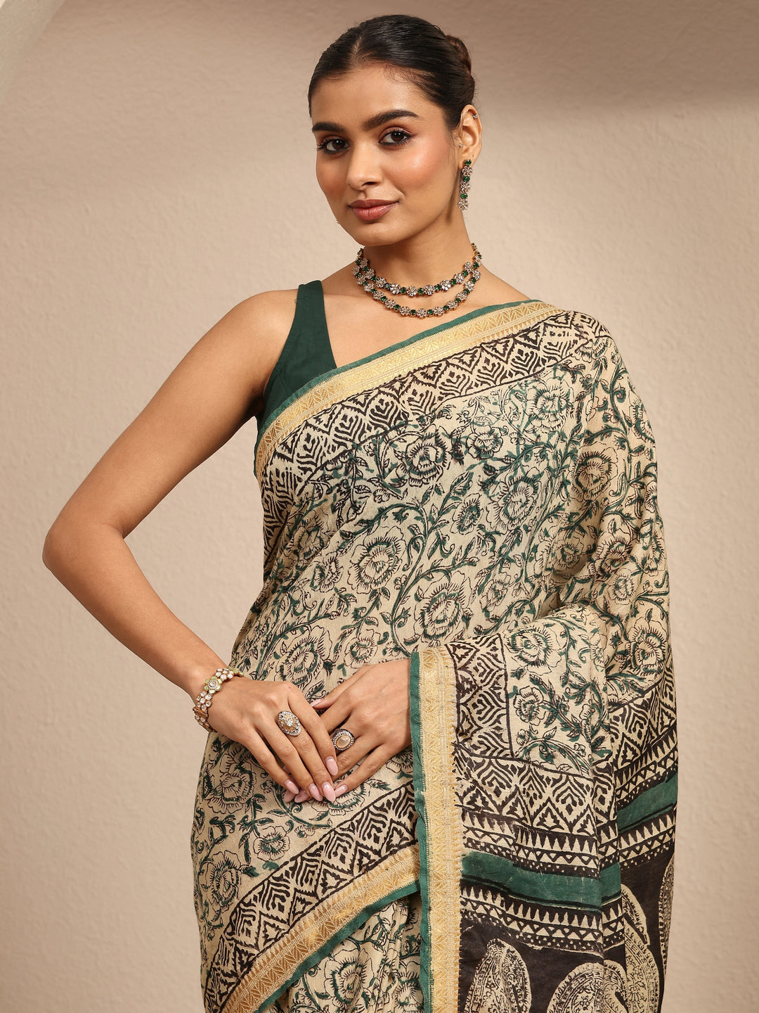  Beige Printed Cotton Saree With Unstitched Blouse Piece 
