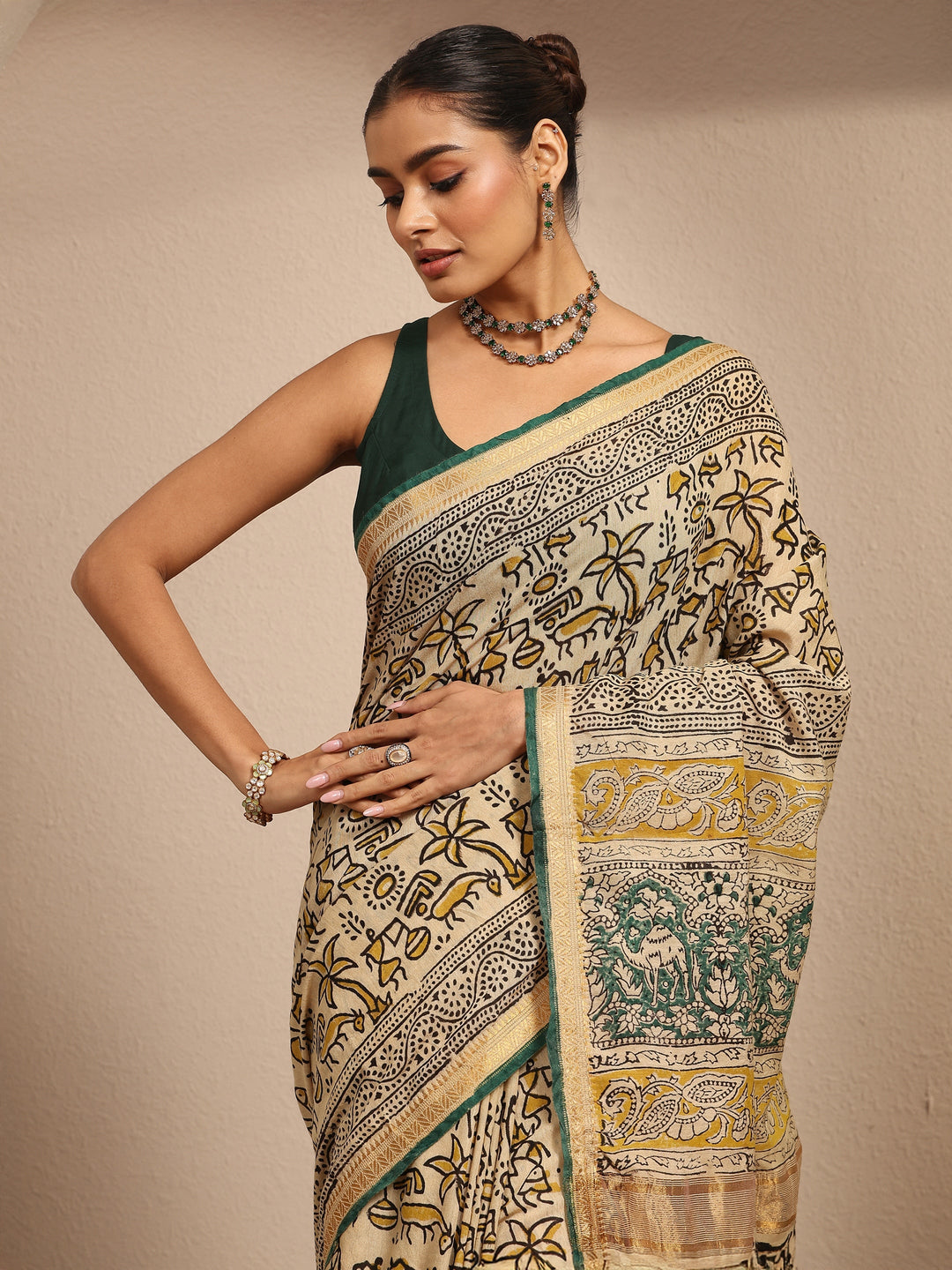  Beige Tribal Printed Cotton Saree With Unstitched Blouse Piece 