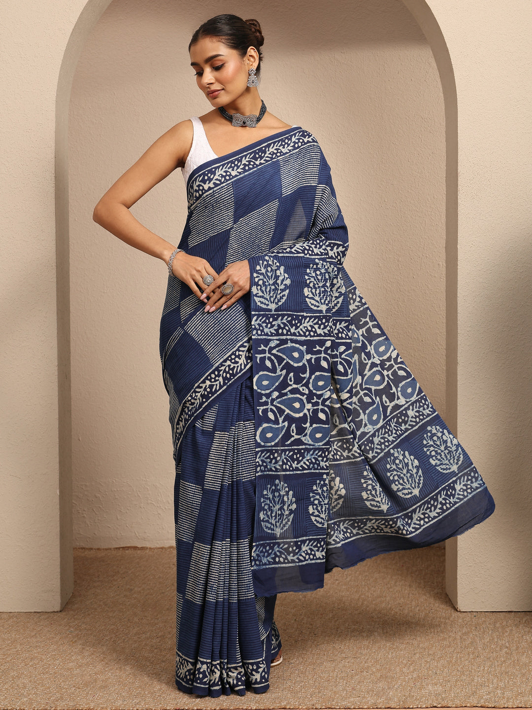  Blue Block Printed Cotton Saree With Unstitched Blouse Piece 