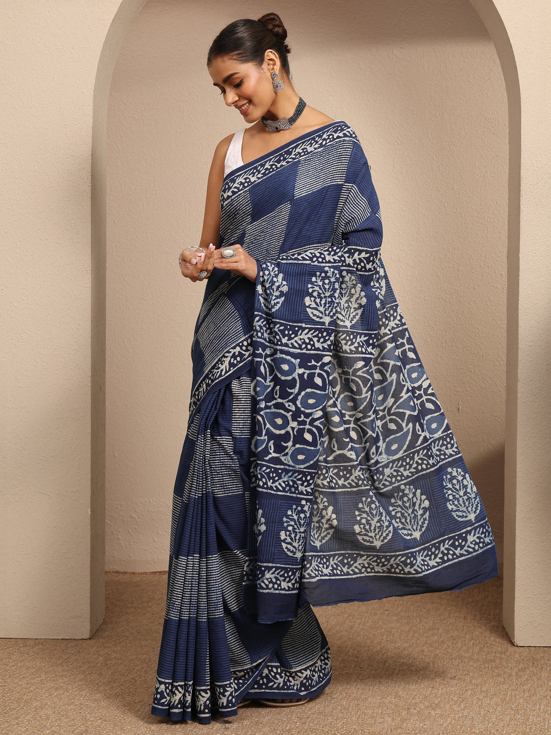  Blue Block Printed Cotton Saree With Unstitched Blouse Piece 