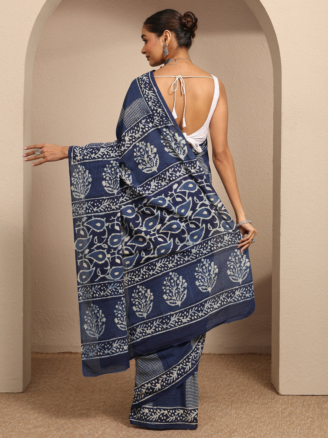  Blue Block Printed Cotton Saree With Unstitched Blouse Piece 