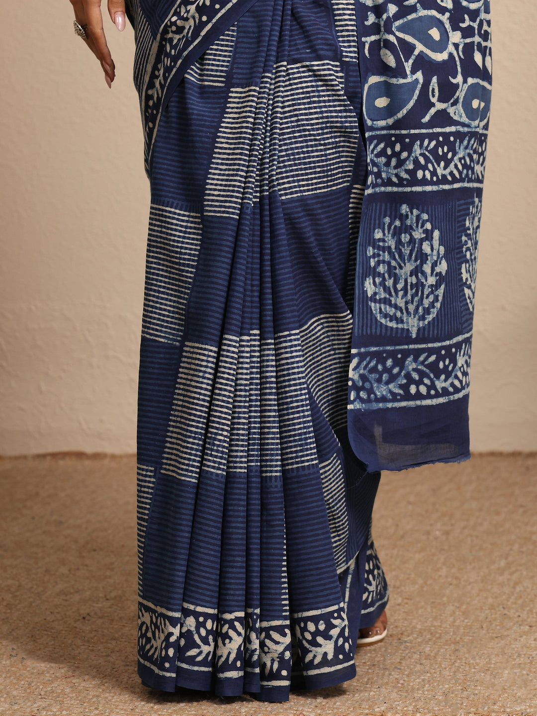  Blue Block Printed Cotton Saree With Unstitched Blouse Piece 