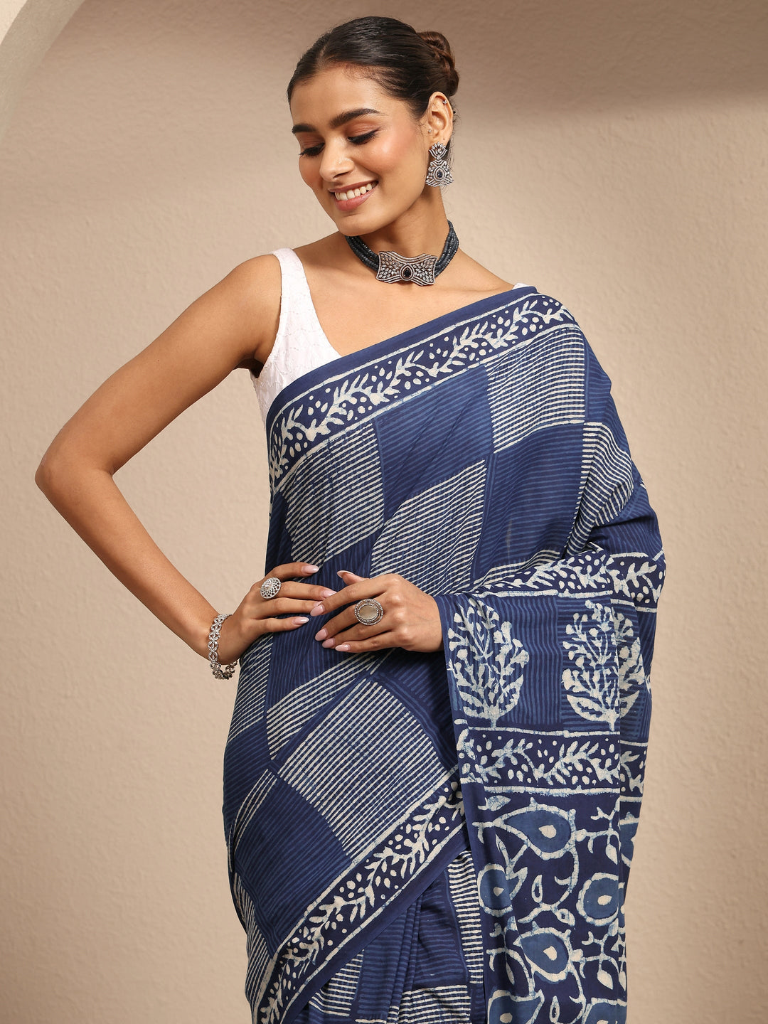  Blue Block Printed Cotton Saree With Unstitched Blouse Piece 