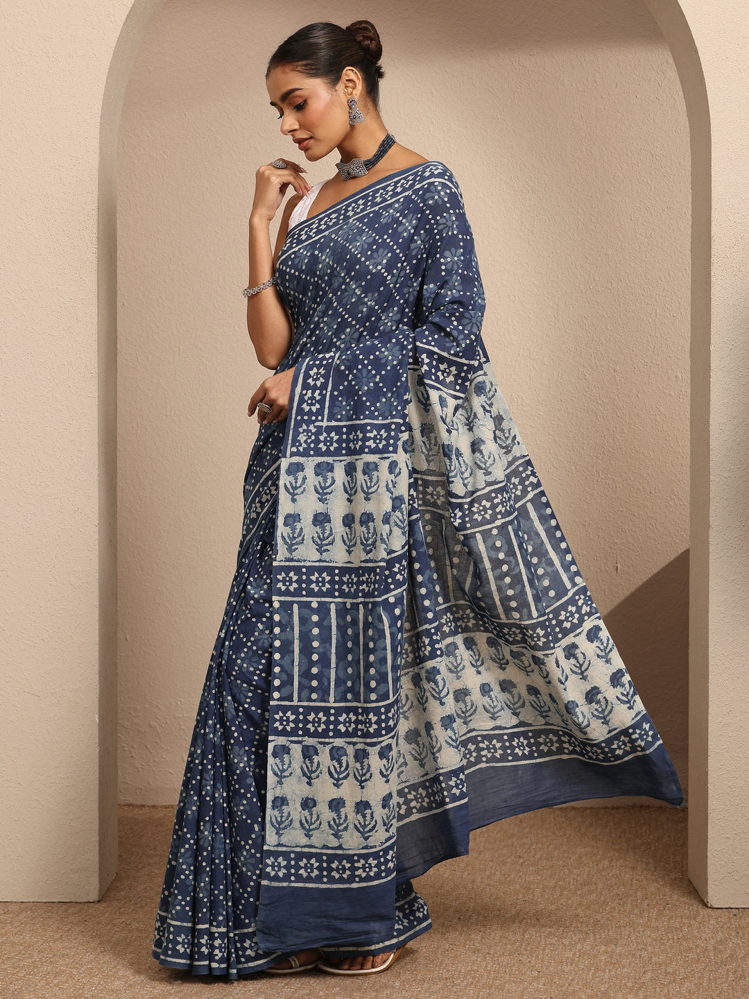  Blue Block Printed Cotton Saree With Unstitched Blouse Piece 
