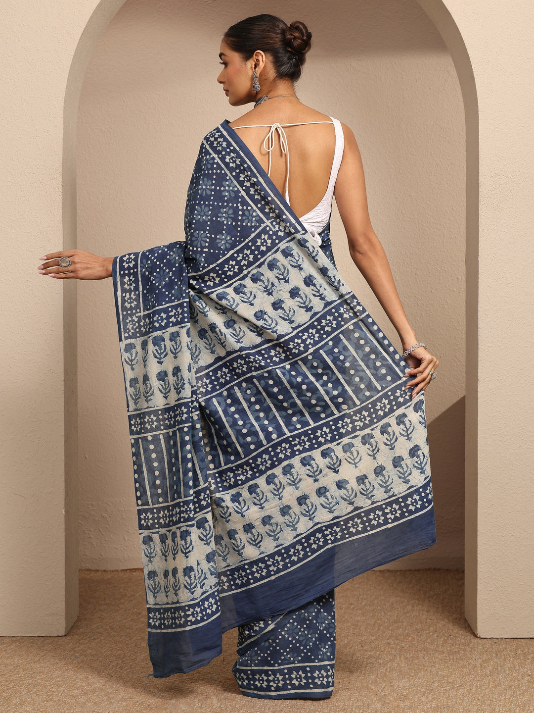  Blue Block Printed Cotton Saree With Unstitched Blouse Piece 