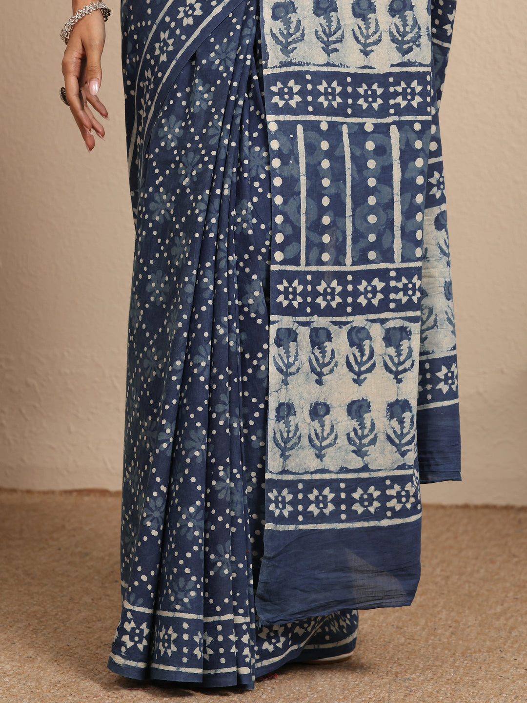  Blue Block Printed Cotton Saree With Unstitched Blouse Piece 