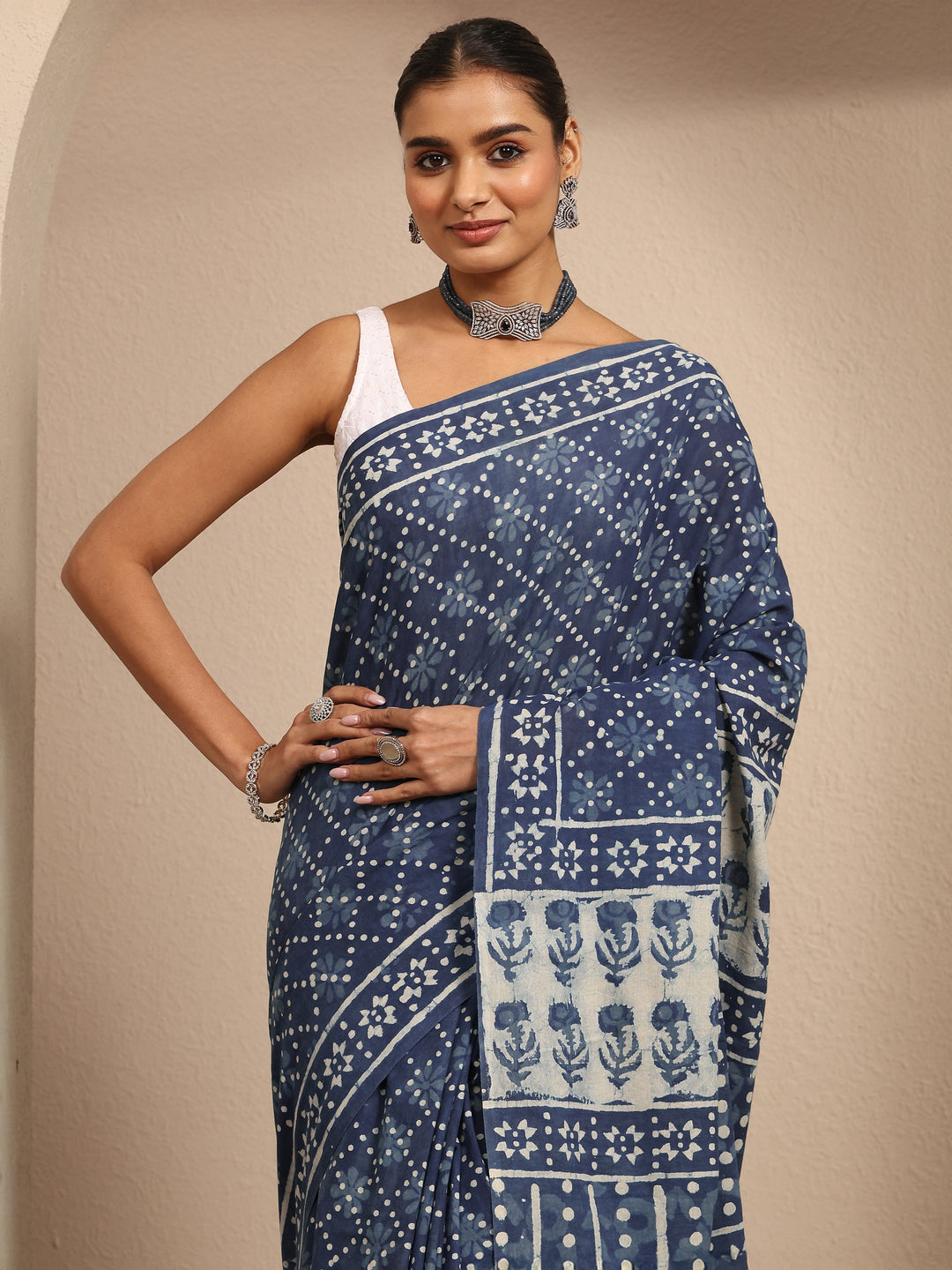  Blue Block Printed Cotton Saree With Unstitched Blouse Piece 