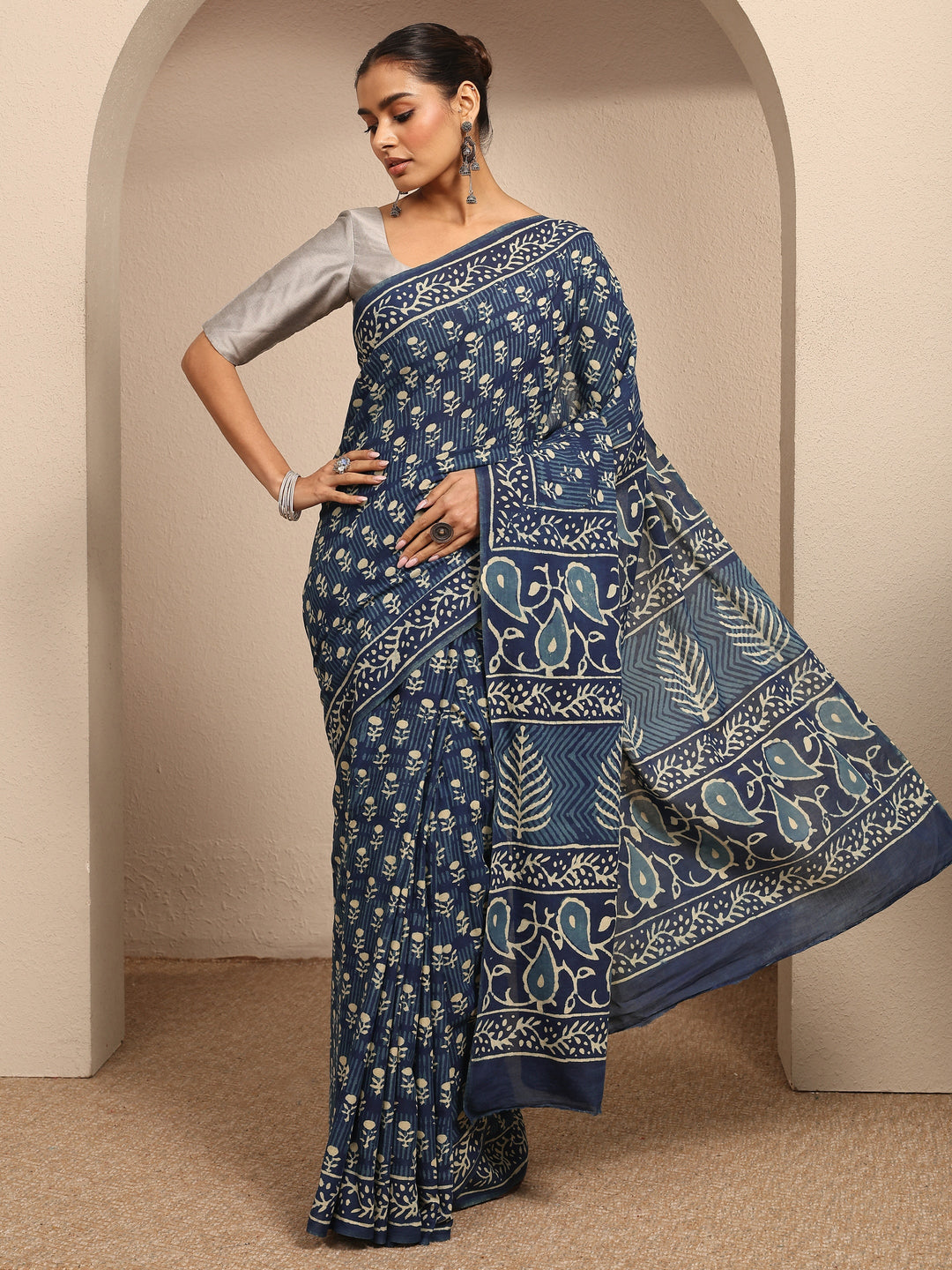  Blue Block Printed Cotton Saree With Unstitched Blouse Piece 