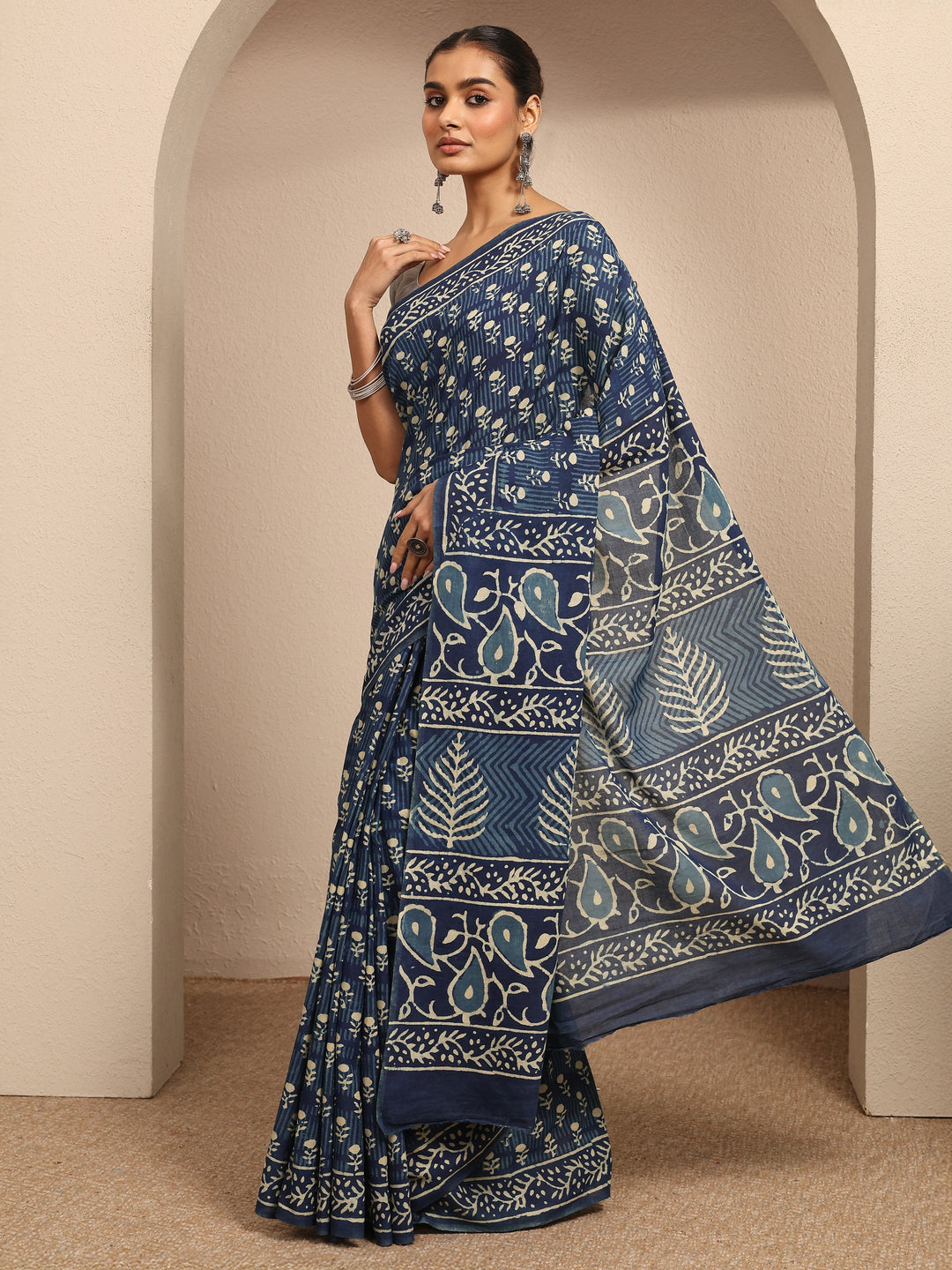  Blue Block Printed Cotton Saree With Unstitched Blouse Piece 