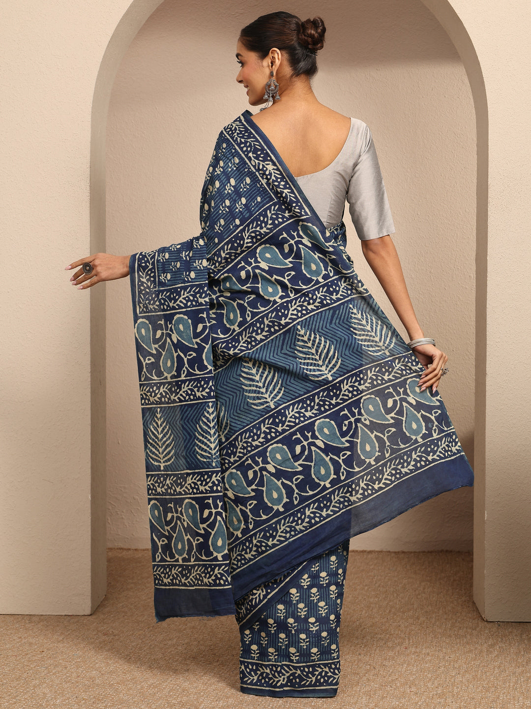  Blue Block Printed Cotton Saree With Unstitched Blouse Piece 