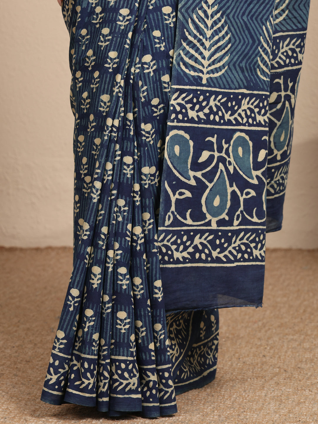 Blue Block Printed Cotton Saree With Unstitched Blouse Piece 