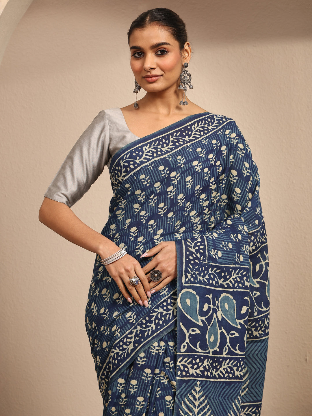  Blue Block Printed Cotton Saree With Unstitched Blouse Piece 