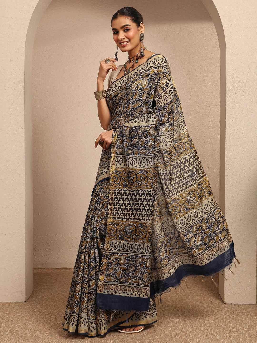  Blue Printed Cotton Kalamkari Saree With Unstitched Blouse Piece 