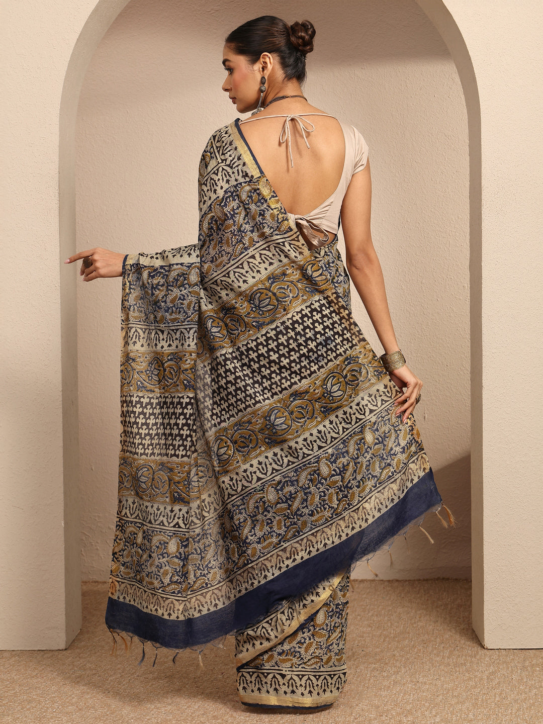  Blue Printed Cotton Kalamkari Saree With Unstitched Blouse Piece 