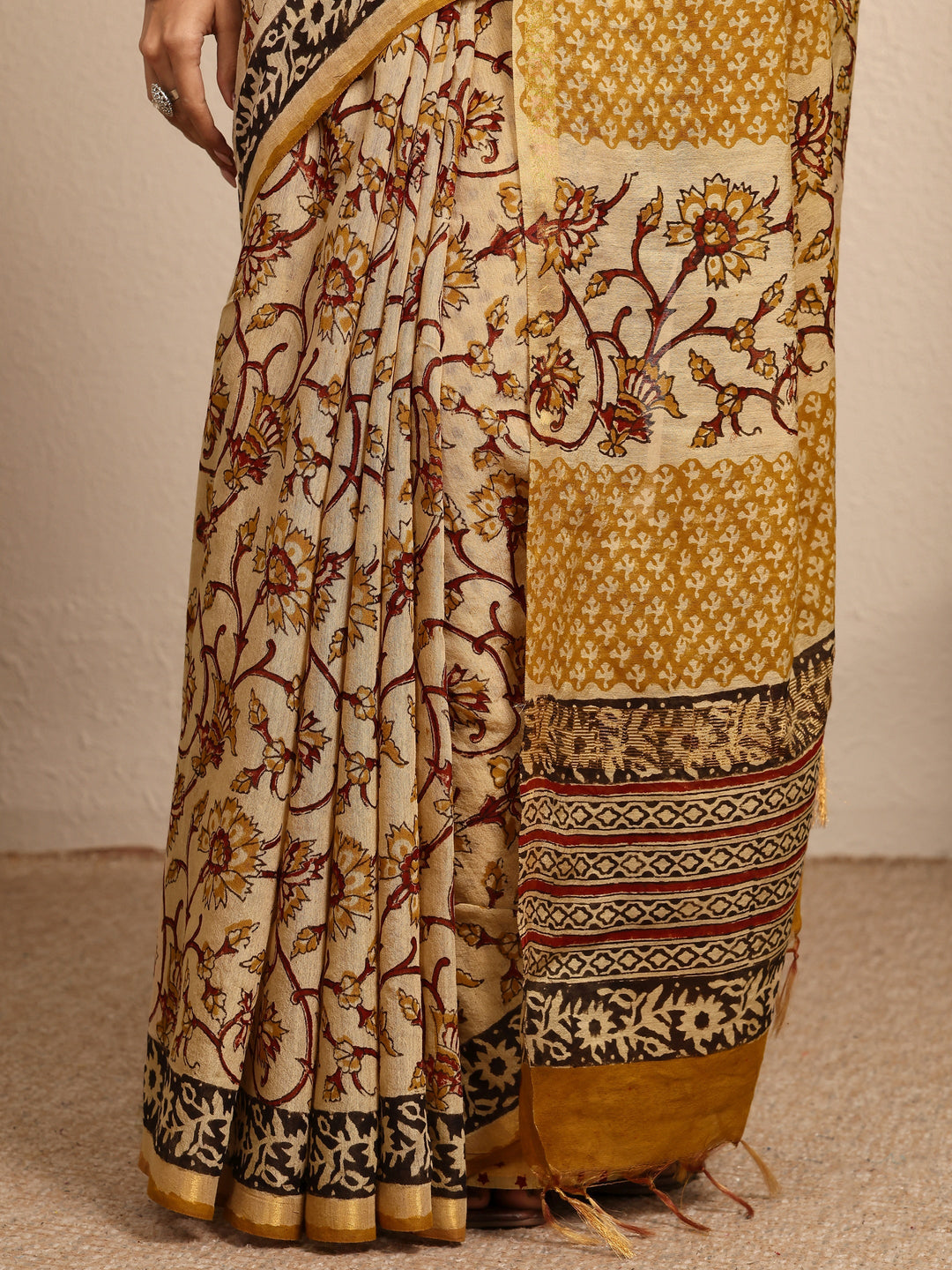  Mustard Block Printed Cotton Saree With Unstitched Blouse Piece 