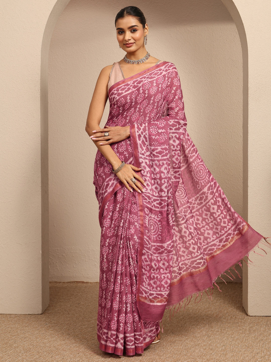  Pink Ikat Printed Cotton Saree With Unstitched Blouse Piece 