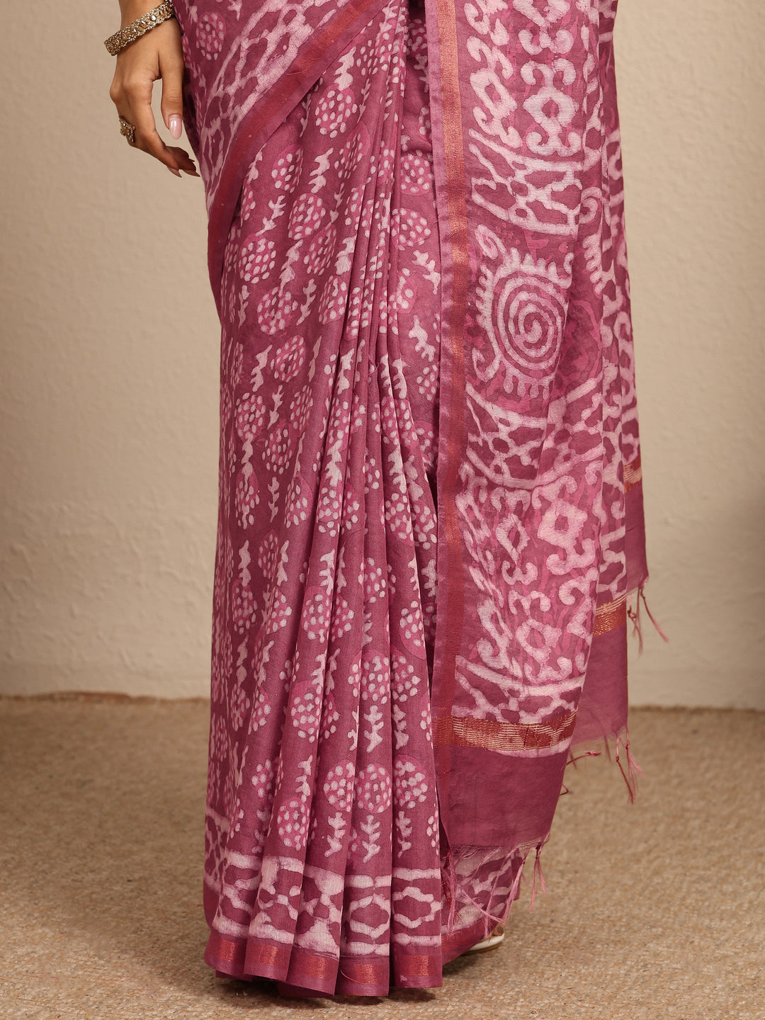  Pink Ikat Printed Cotton Saree With Unstitched Blouse Piece 