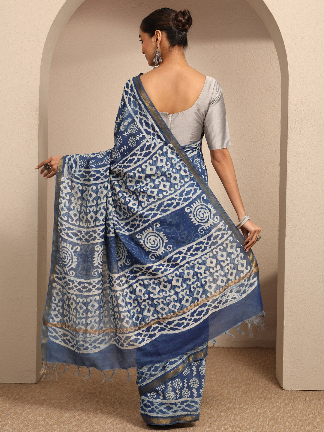  Blue Ikat Printed Cotton Saree With Unstitched Blouse Piece 