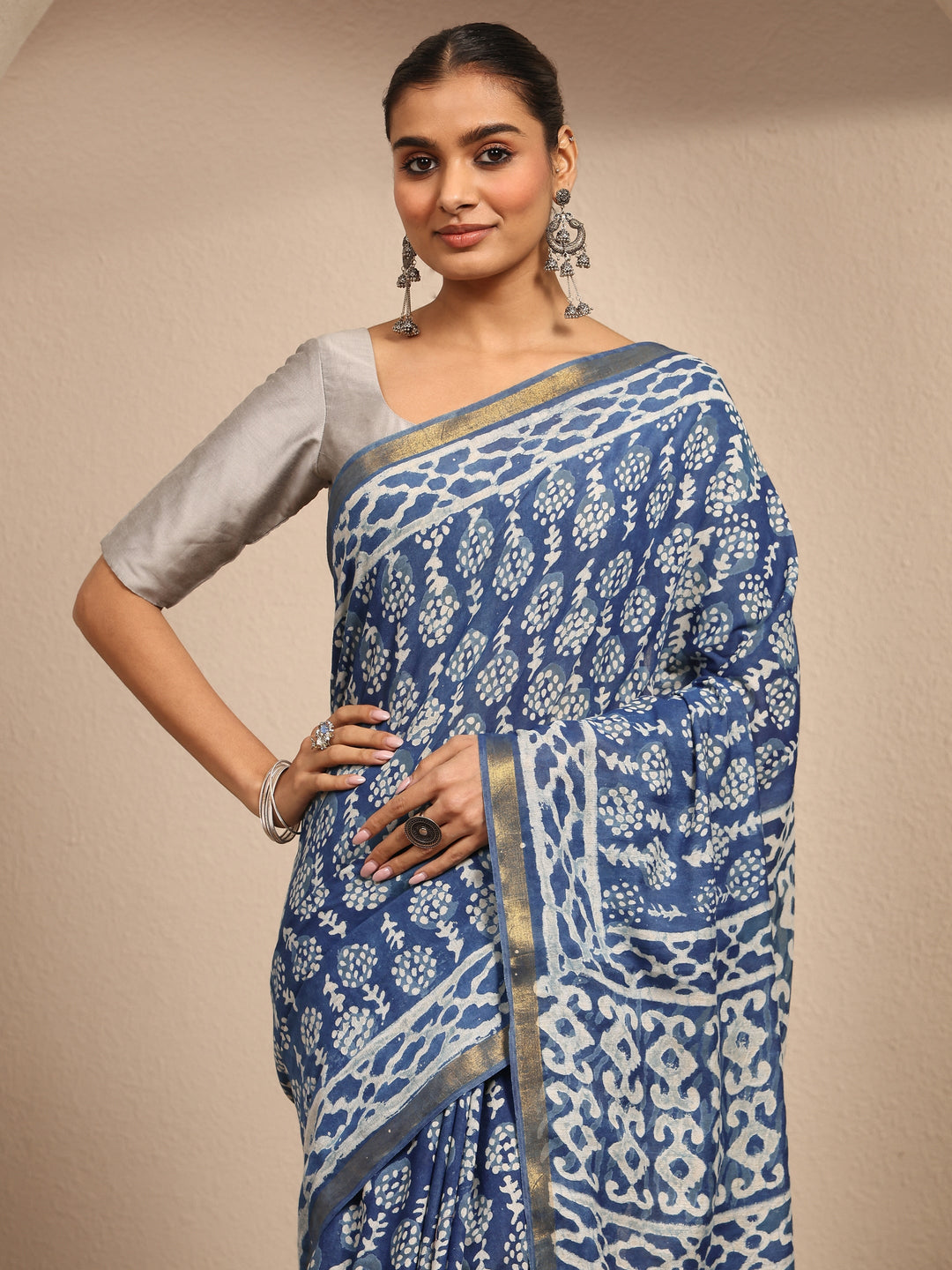 Blue Ikat Printed Cotton Saree With Unstitched Blouse Piece 