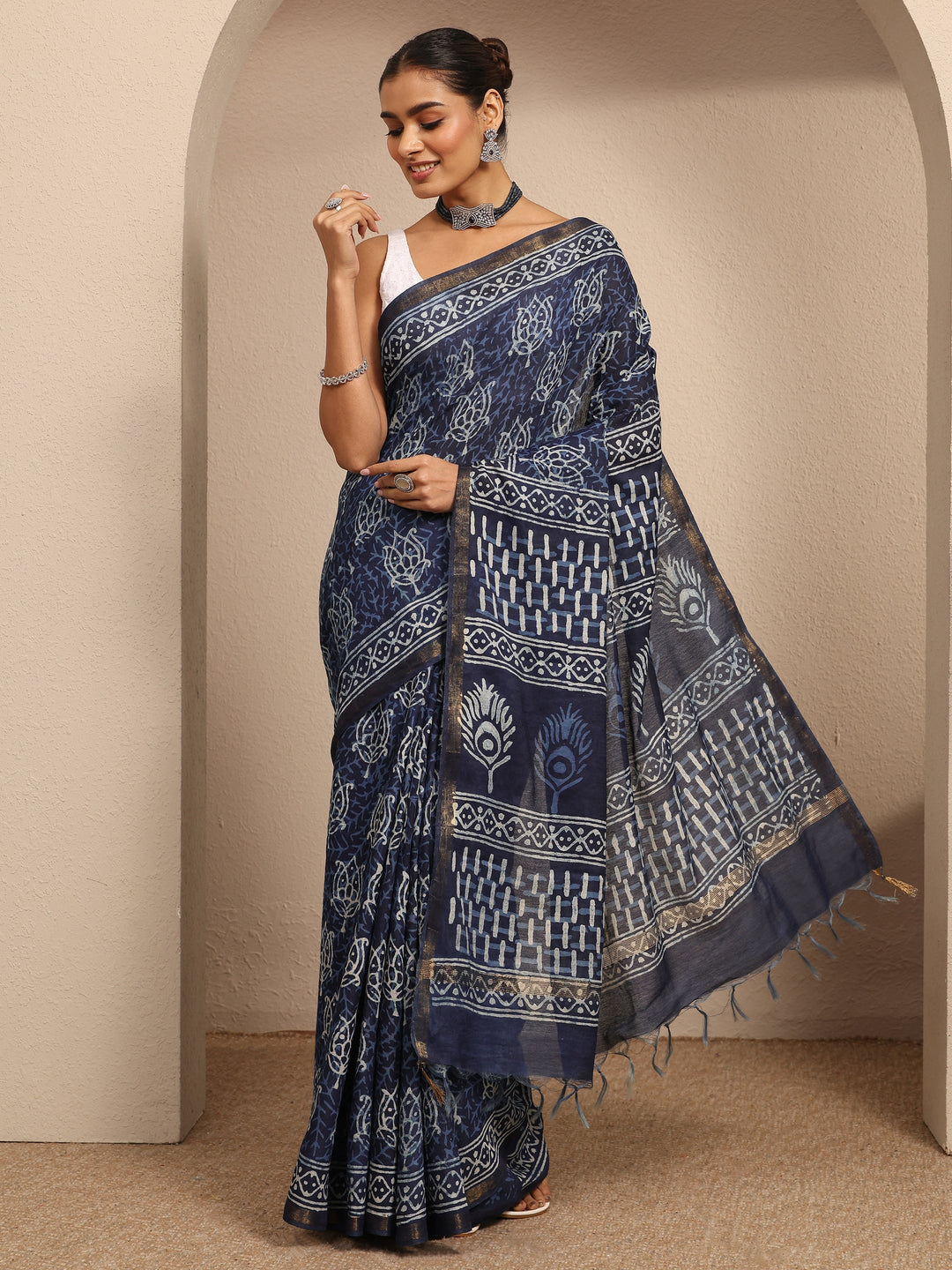  Blue Block Printed Cotton Saree With Unstitched Blouse Piece 