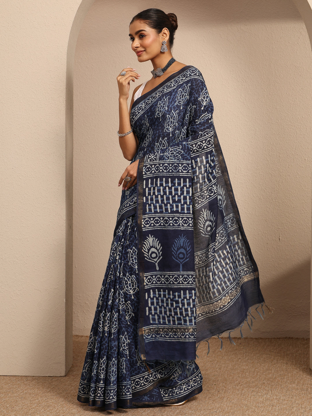  Blue Block Printed Cotton Saree With Unstitched Blouse Piece 