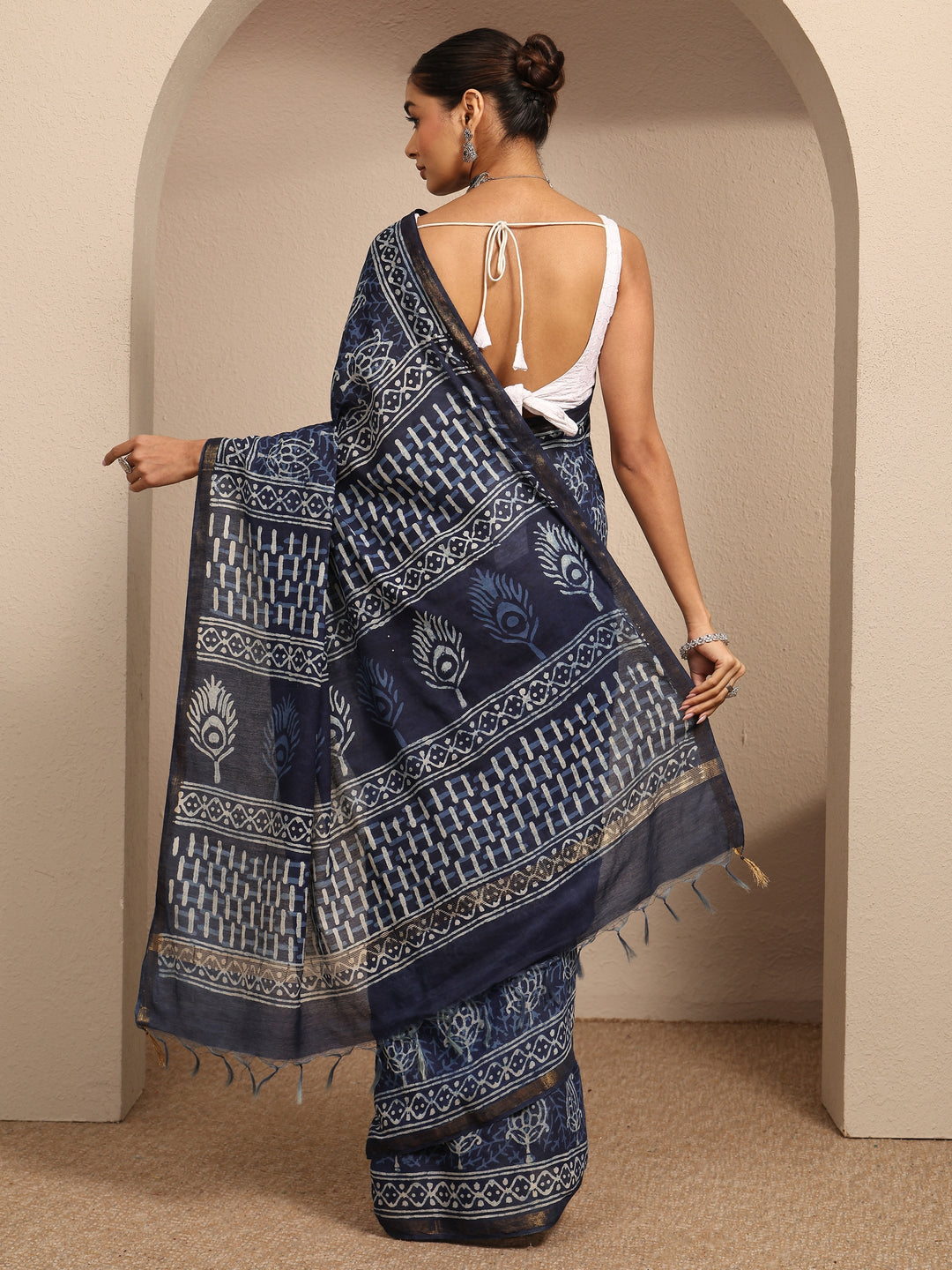  Blue Block Printed Cotton Saree With Unstitched Blouse Piece 