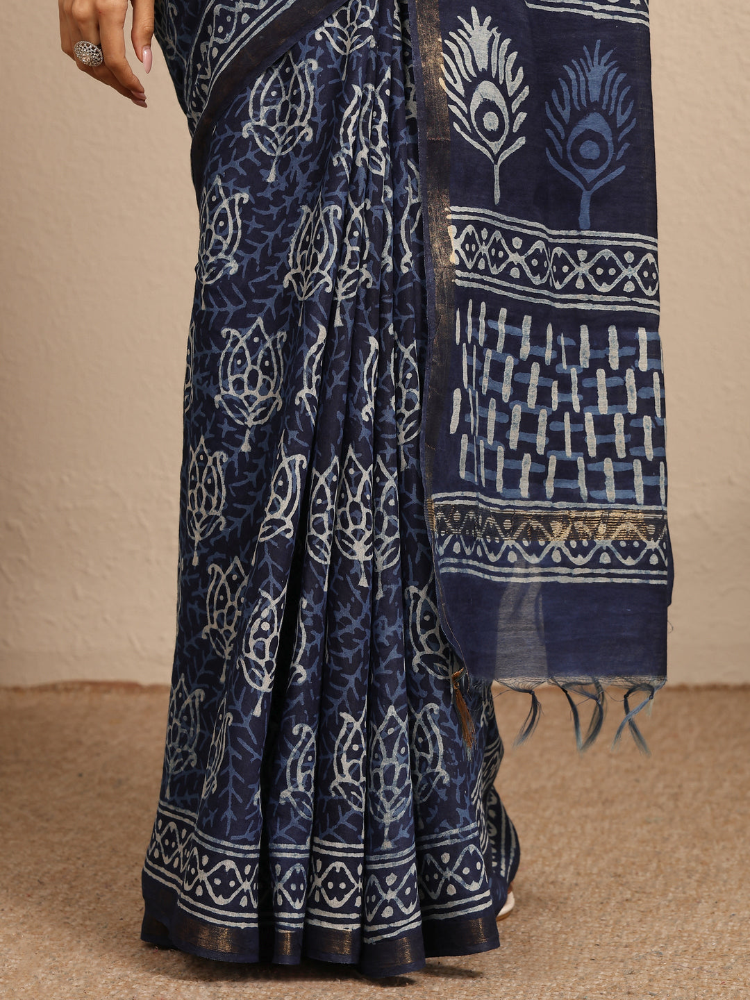  Blue Block Printed Cotton Saree With Unstitched Blouse Piece 