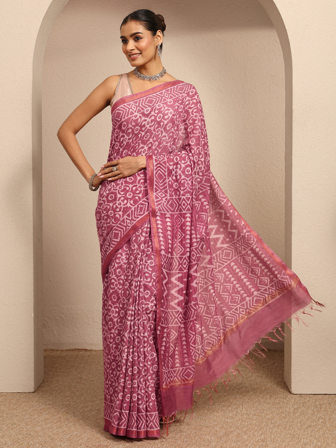  Pink Ikat Printed Cotton Saree With Unstitched Blouse Piece 