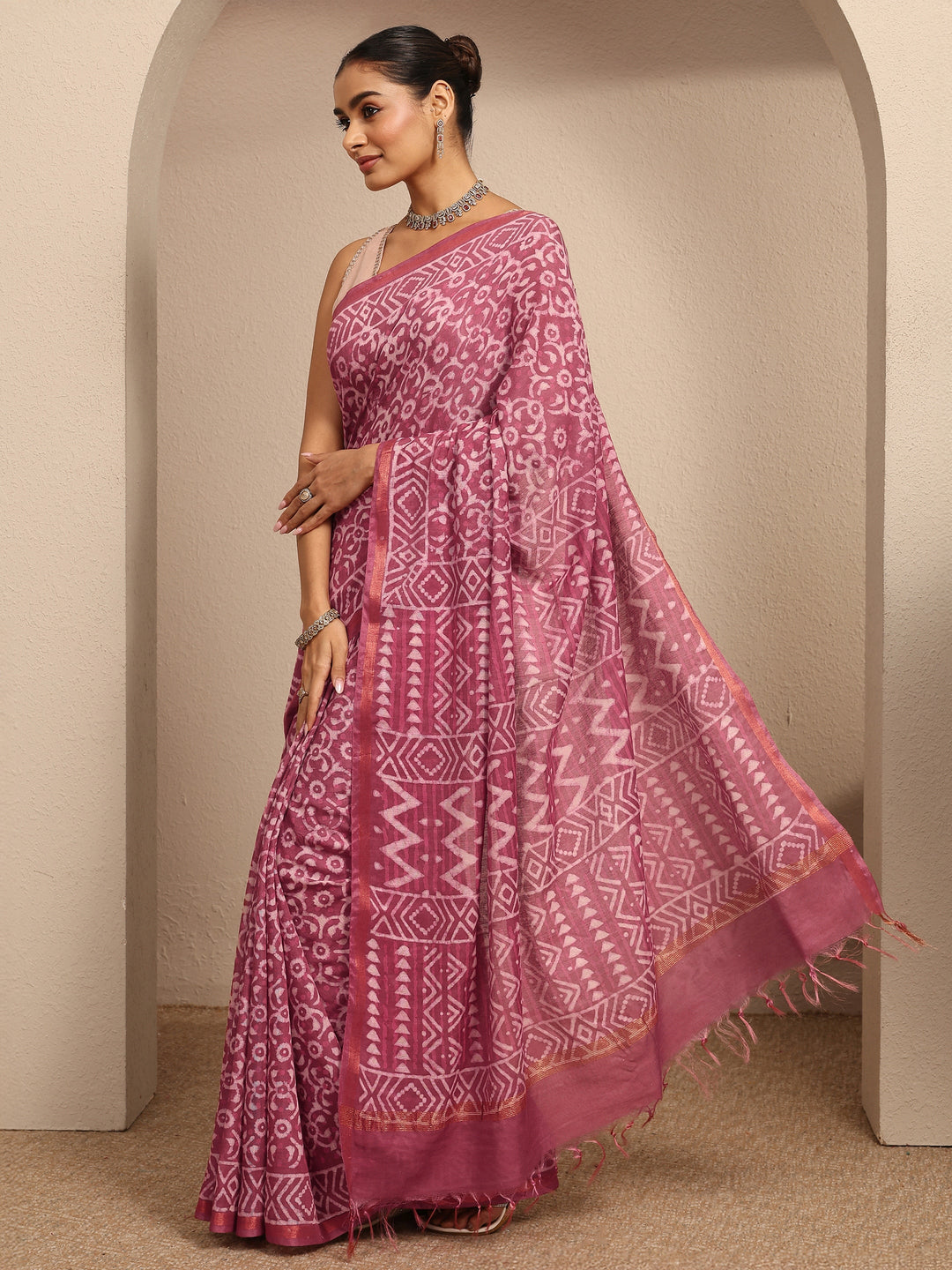  Pink Ikat Printed Cotton Saree With Unstitched Blouse Piece 