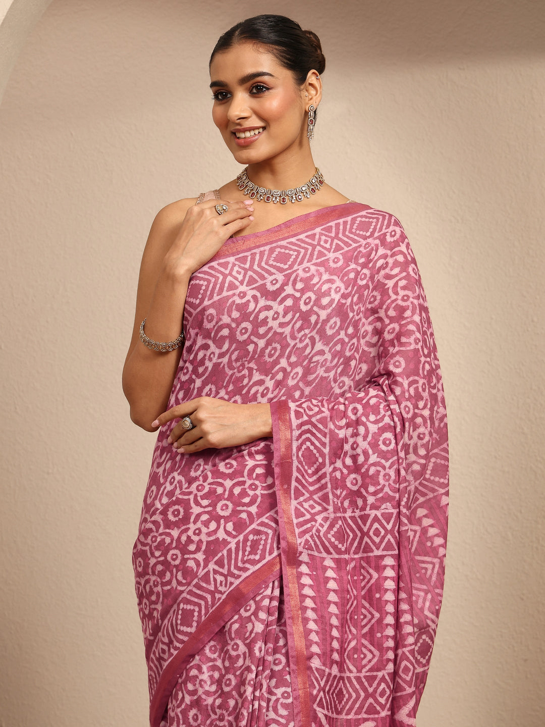  Pink Ikat Printed Cotton Saree With Unstitched Blouse Piece 