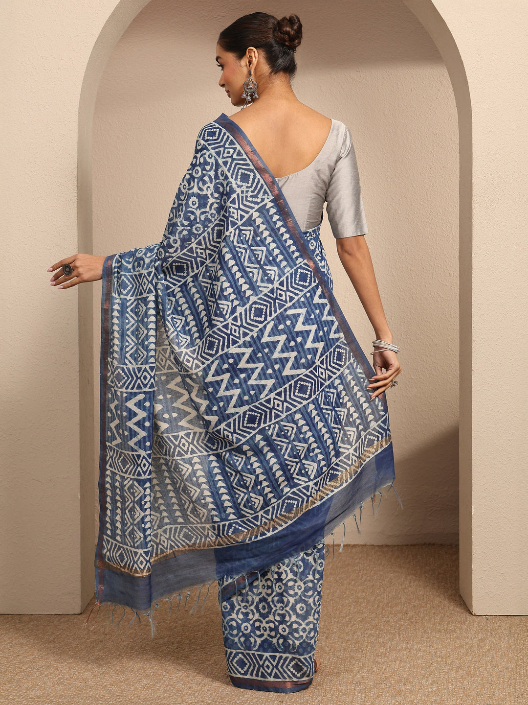  Blue Ikat Printed Cotton Saree With Unstitched Blouse Piece 