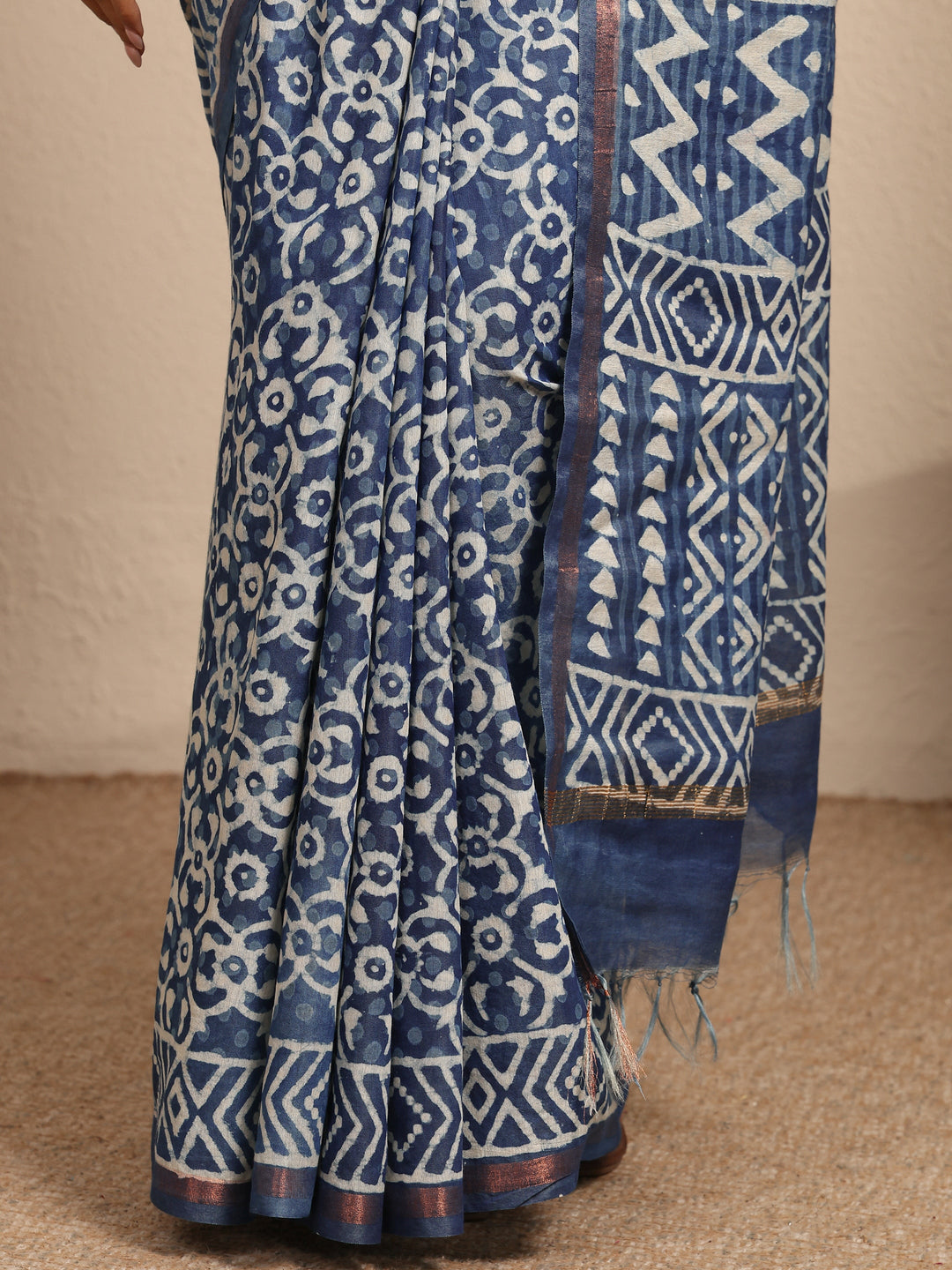  Blue Ikat Printed Cotton Saree With Unstitched Blouse Piece 