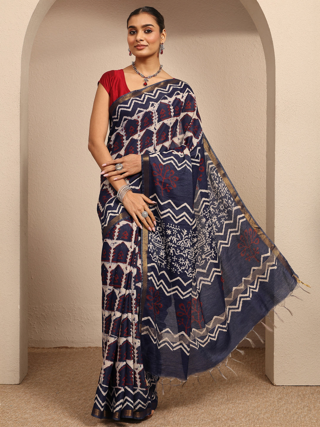  Blue Tribal Printed Cotton Saree With Unstitched Blouse Piece 