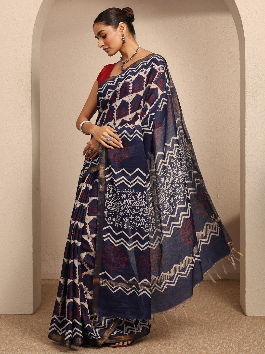  Blue Tribal Printed Cotton Saree With Unstitched Blouse Piece 