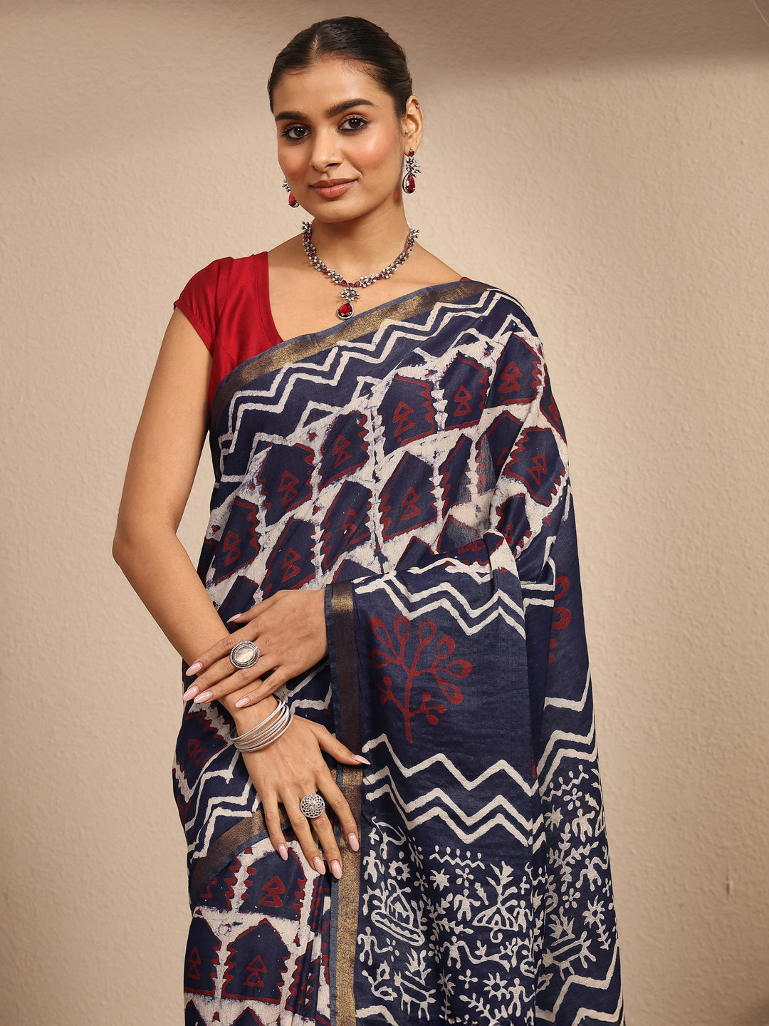  Blue Tribal Printed Cotton Saree With Unstitched Blouse Piece 