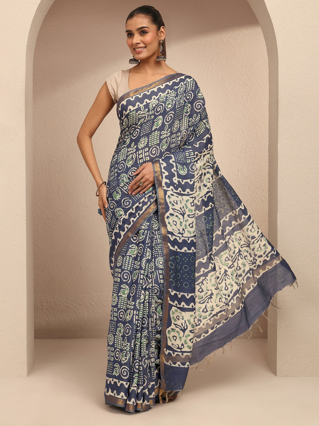  Blue Tribal Printed Cotton Saree With Unstitched Blouse Piece 