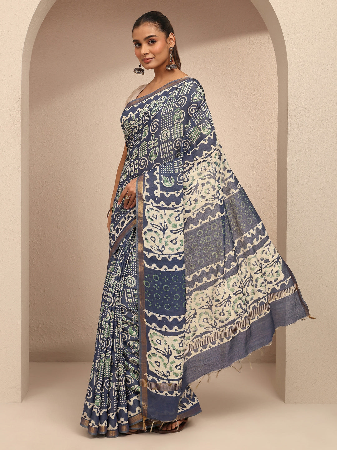  Blue Tribal Printed Cotton Saree With Unstitched Blouse Piece 