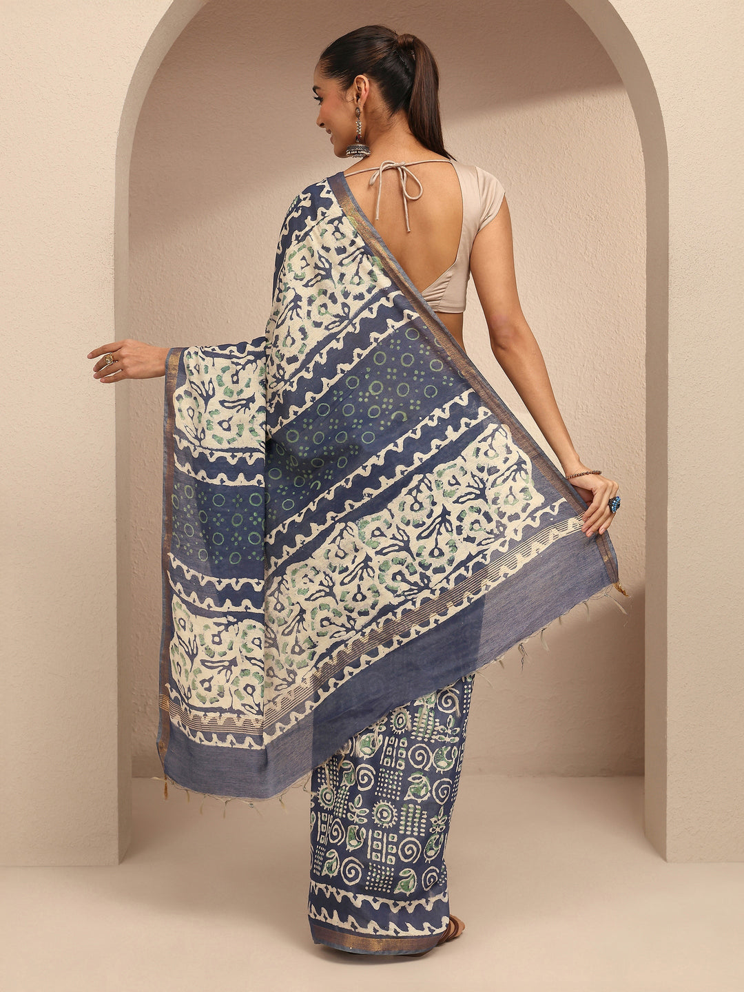  Blue Tribal Printed Cotton Saree With Unstitched Blouse Piece 