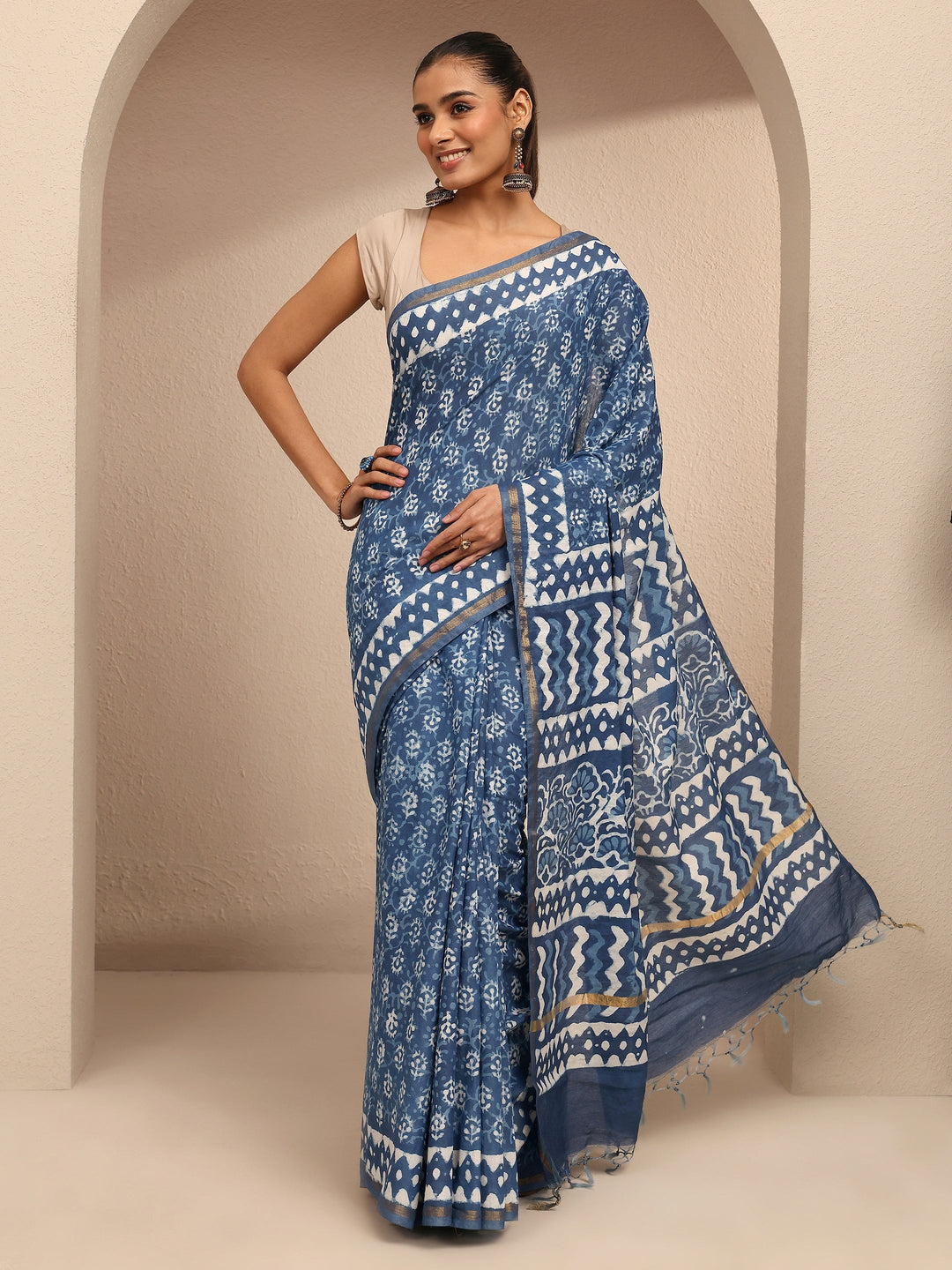  Blue Printed Cotton Saree With Unstitched Blouse Piece 
