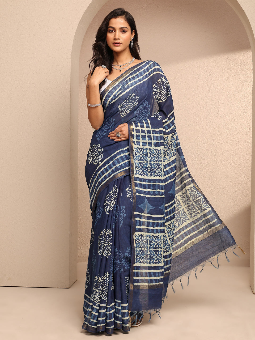  Blue Block Printed Cotton Saree With Unstitched Blouse Piece 