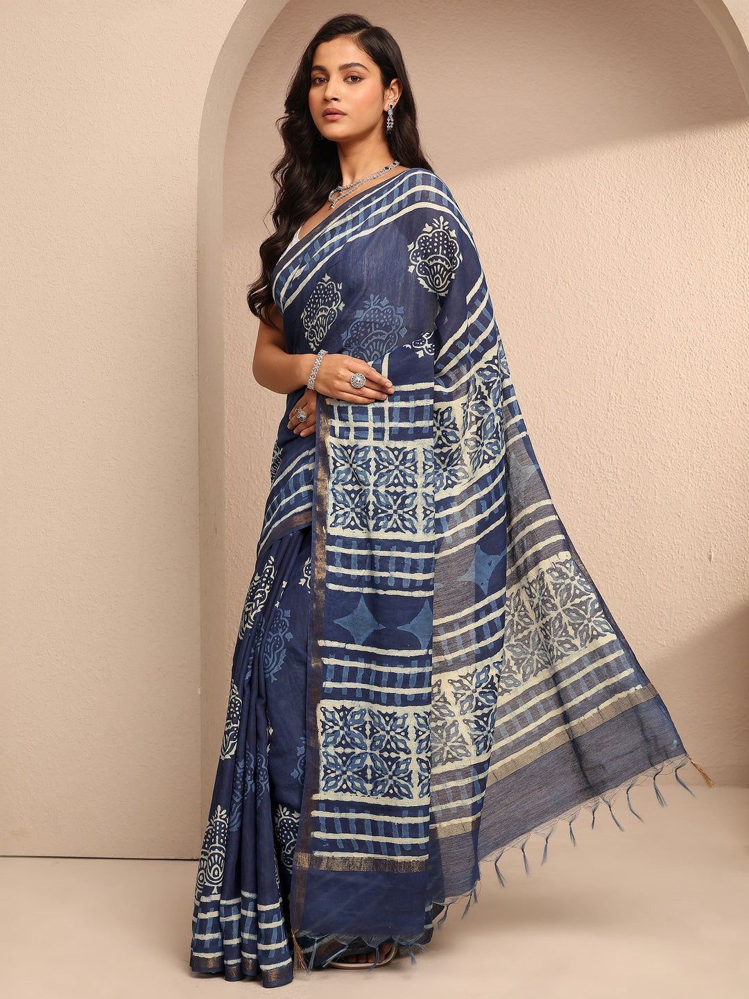  Blue Block Printed Cotton Saree With Unstitched Blouse Piece 