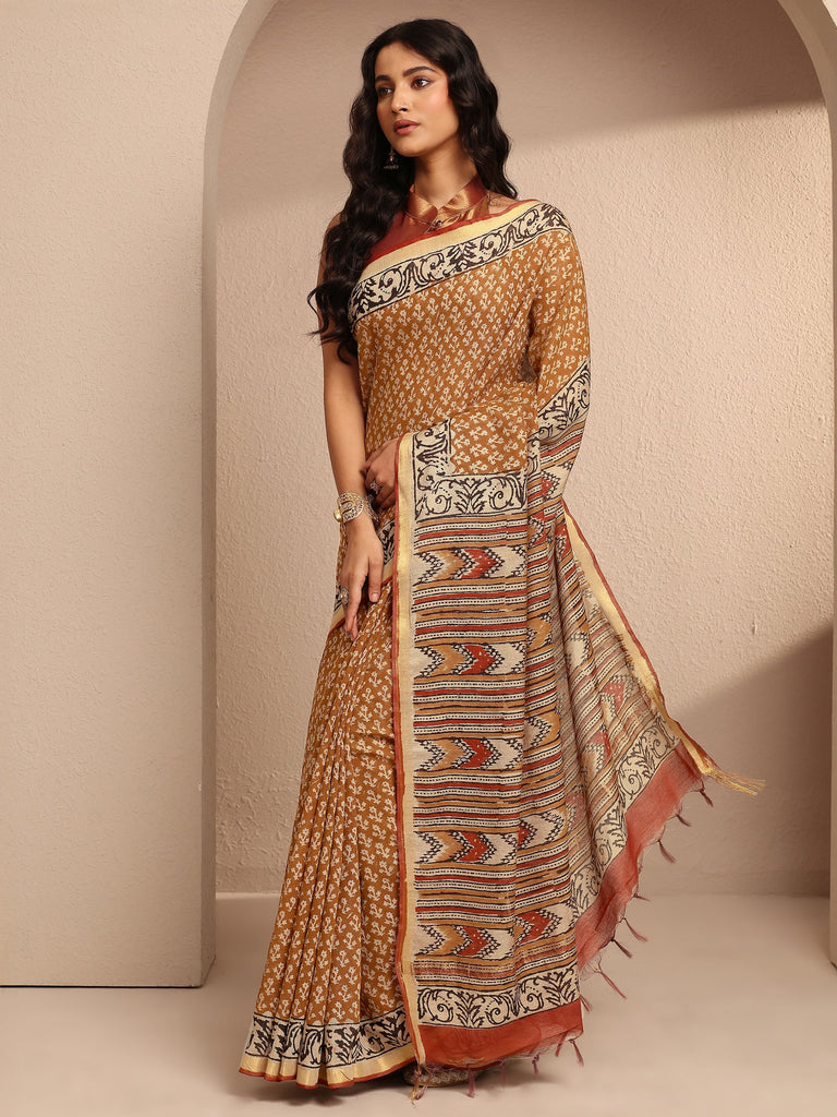 Libas Mustard Printed Cotton Saree With Unstitched Blouse Piece