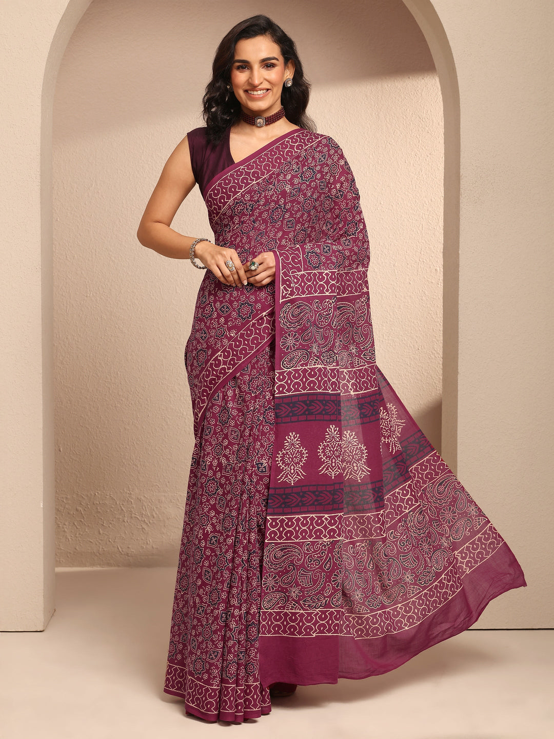  Burgundy Printed Cotton Saree With Unstitched Blouse Piece 
