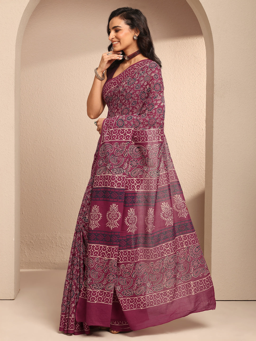  Burgundy Printed Cotton Saree With Unstitched Blouse Piece 