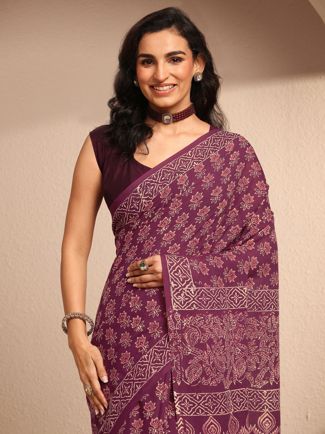  Maroon Printed Cotton Saree With Unstitched Blouse Piece 