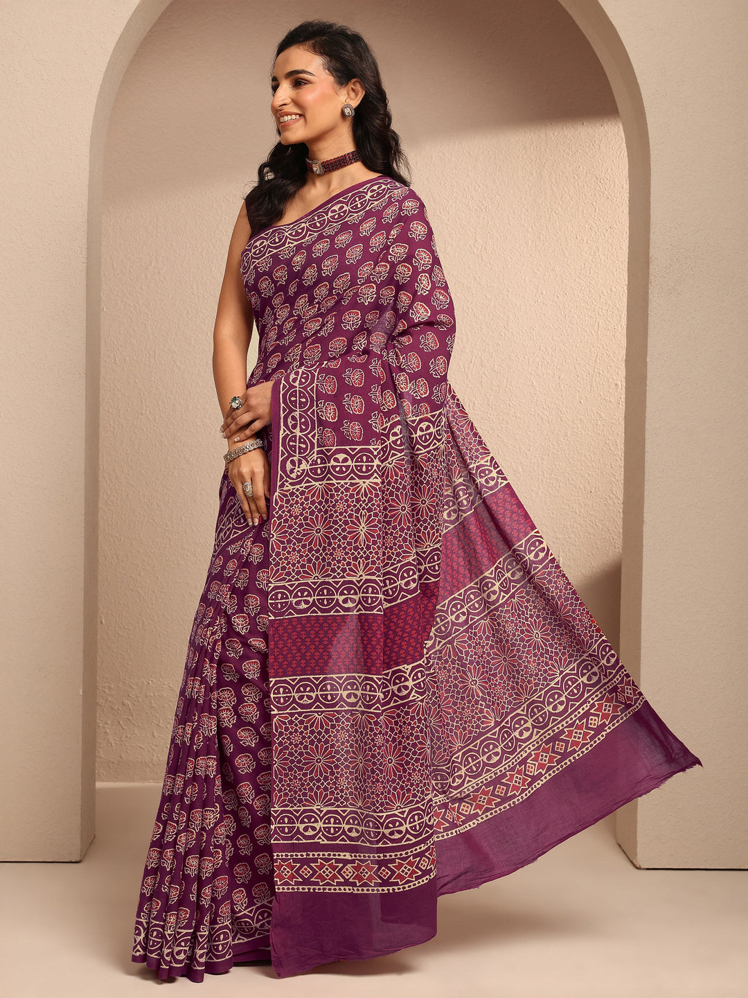  Maroon Printed Cotton Saree With Unstitched Blouse Piece 