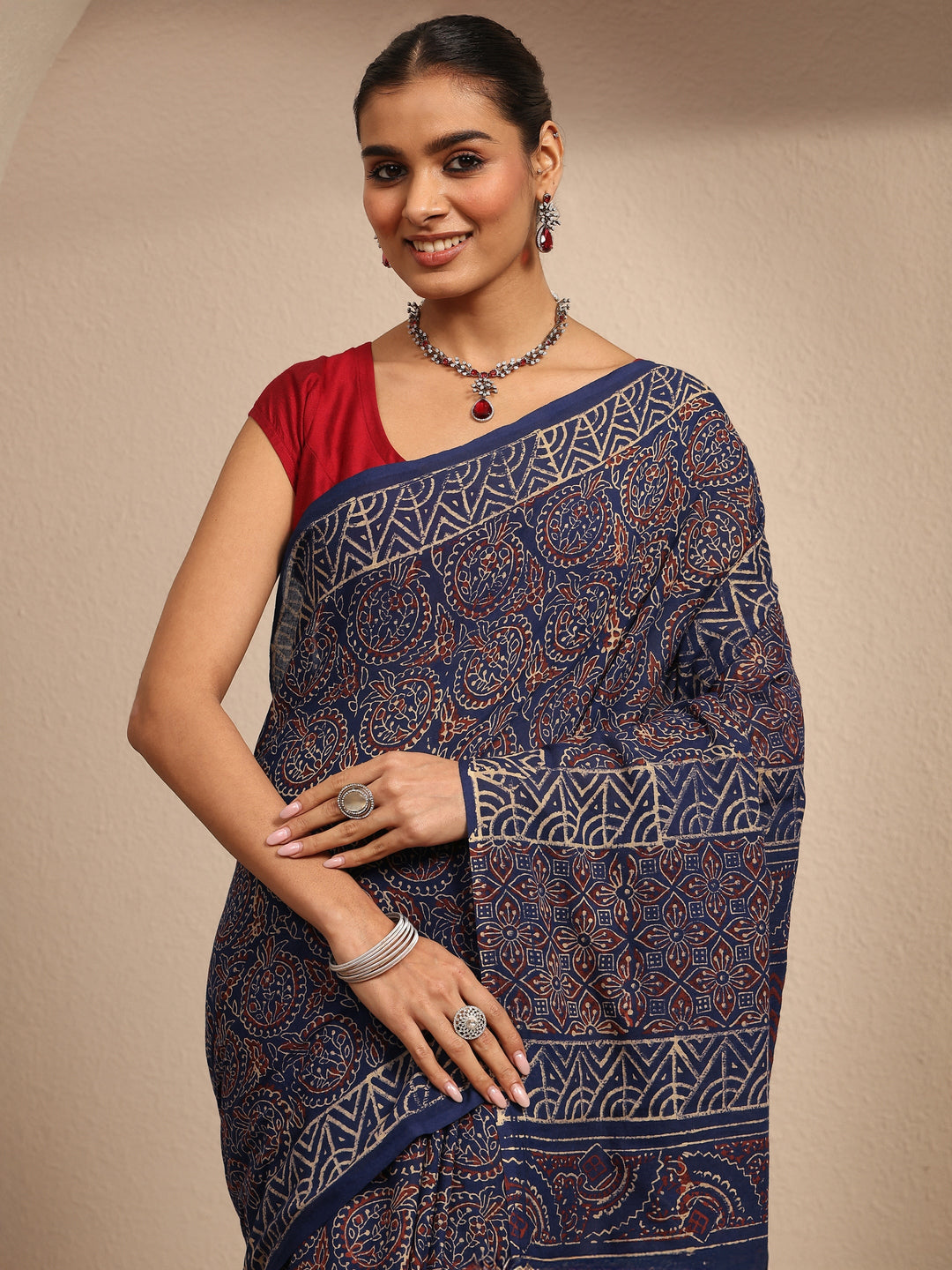 Blue Printed Cotton Saree With Unstitched Blouse Piece 