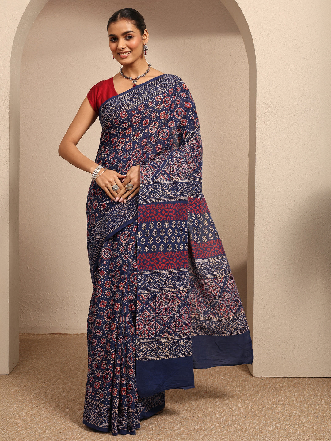  Blue Block Printed Cotton Saree With Unstitched Blouse Piece 